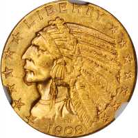 1908-D Indian Half Eagle. MS-63 (NGC).
