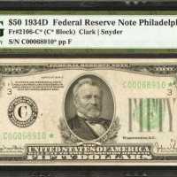 Fr. 2106-C*. 1934D $50 Federal Reserve Star Note. Philadelphia. PMG Very Fine 30.