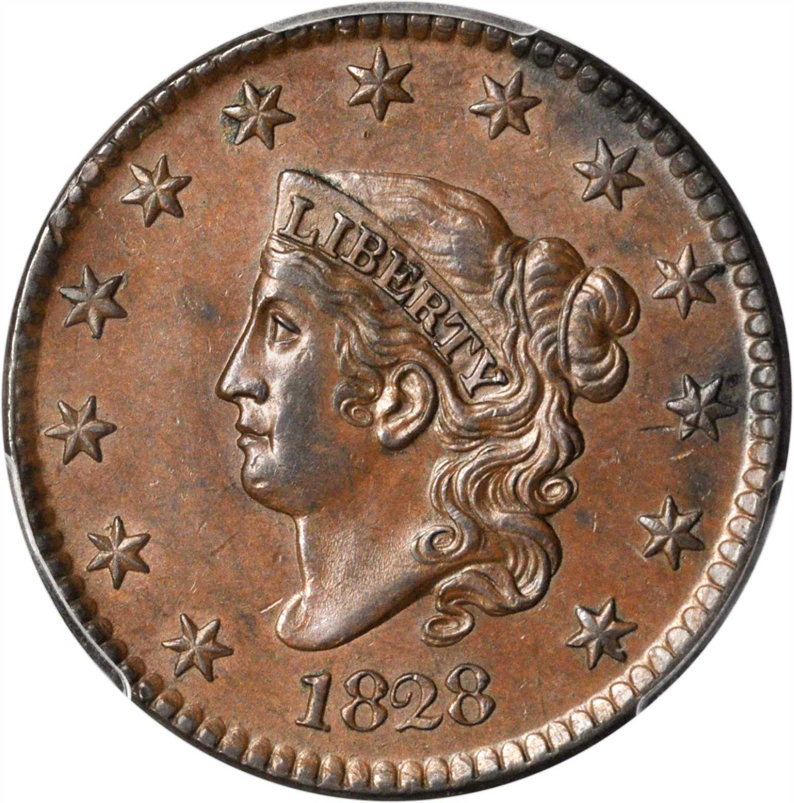 1828 Matron Head Cent. N-3. Rarity-2. Large Narrow Date. MS-61 BN (PCGS).