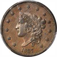 1837 Modified Matron Head Cent. N-3. Rarity-1. Plain Cord, Medium Letters. AU-53 (PCGS).