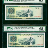 1988年外汇券100元连号一对，编号CP00357887-888, 分别评PMG63EPQ及65EPQ