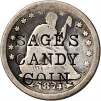 SAGES / CANDY / COIN on an 1874 Arrows Liberty Seated quarter. Brunk S-86, Rulau NY-Bf 18. Host coin