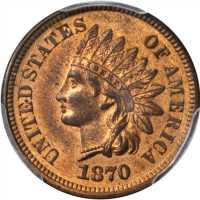 1870 Indian Cent. Bold N. MS-64 RB (PCGS).