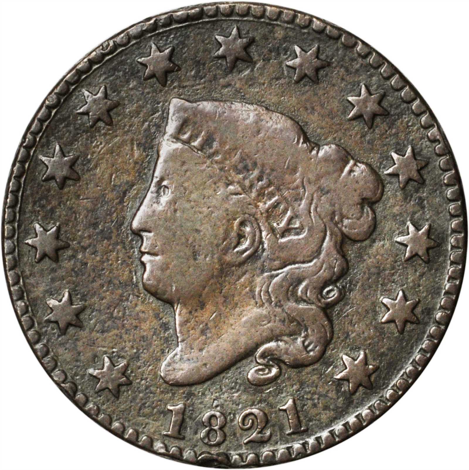 1821 Matron Head Cent. N-2. Rarity-1. VG-8 Porous, Surfaces Smoothed.