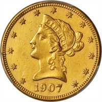 美国1907-D年10美元金币。