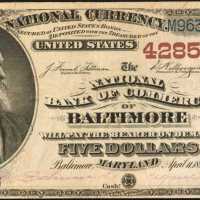 Baltimore, Maryland. $5 1882 Brown Back. Fr. 477. The NB of Commerce. Charter #4285. Very Fine.