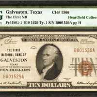 Galveston, Texas. $10 1929 Ty. 1. Fr. 1801-1. The First NB. Charter #1566. PMG Choice Very Fine 35.