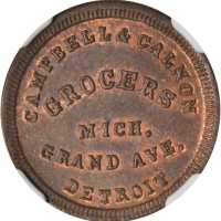 Michigan--Detroit. 1863 Campbell & Calnon. Fuld-225Ma-2a. Rarity-5. Copper. 19 mm. MS-65 BN (NGC).