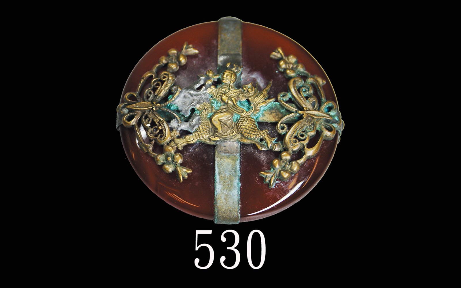 铜鎏金麒麟送子双蝶玛脑饰件Bronze Gilt 