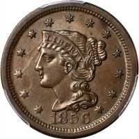 1856 Braided Hair Cent. N-7. Rarity-2. Upright 5. MS-63 BN (PCGS).