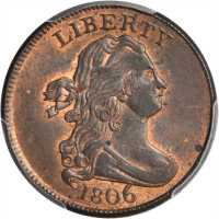 1806 Draped Bust Half Cent. C-4. Rarity-1. Large 6, Stems to Wreath. MS-62 RB (PCGS).