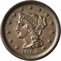 1852 Braided Hair Cent. N-18. Rarity-3. MS-60 BN.