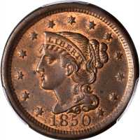 1850 Braided Hair Cent. N-7. Rarity-2. MS-65 RB (PCGS).