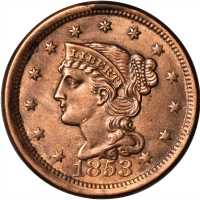 1853 Braided Hair Cent. N-25. Rarity-1. MS-60 Altered Surfaces.