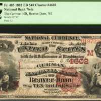 Beaver Dam, Wisconsin. $10 1882 Brown Back. Fr. 485. The German NB. Charter #4602. PCGS Very Fine 30