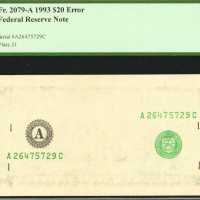 Fr. 2079-A. 1993 $20 Federal Reserve Note. Boston.  PCGS Gem New 65 PPQ. Missing Face Printing.