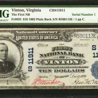 Vinton, Virginia. $10 1902 Plain Back. Fr. 633. The First NB. Charter #11911. PMG About Uncirculated