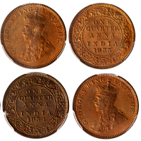 印度辅币1/4安娜3枚一组，包括1917，34及35年，均评PCGS MS65RD, 一组高评级钱币