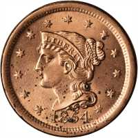 1854 Braided Hair Cent. N-7. Rarity-2. MS-60 Altered Surfaces.