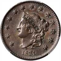 1831 Matron Head Cent. N-7. Rarity-1. Large Letters. AU-55 (PCGS).
