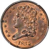 1833 Classic Head Half Cent. C-1, the only known dies. Rarity-1. MS-63 RB (PCGS).
