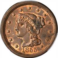 1855 Braided Hair Cent. N-4. Rarity-1. Upright 5s. MS-63 RB (PCGS).