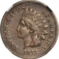 1871 Indian Cent. Bold N. VF-30 BN (NGC).