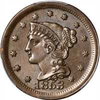 1853 Braided Hair Cent. N-17. Rarity-2. MS-64 BN (PCGS).
