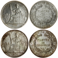法属安南1元银币2枚一组，1886A及1906A，分别评PCGS AU Details 有清洗及MS61