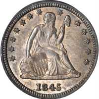 1845 Liberty Seated Quarter. Repunched Date, Large 5/Small 5. MS-64 (PCGS). CAC.