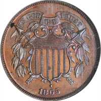 1865 Two-Cent Piece. Plain 5. Proof-64 RB (NGC).