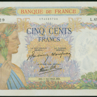 1942年法国银行500法郎，编号L.6964 729, PMG 64