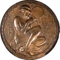 1909 New Theatre of New York Medal. Bronze. 102 mm. By Bela Lyon Pratt. Miller-25. Untrimmed Edge. M