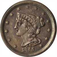 1855 Braided Hair Half Cent. C-1, the only known dies. Rarity-1. AU-55 (ANACS).