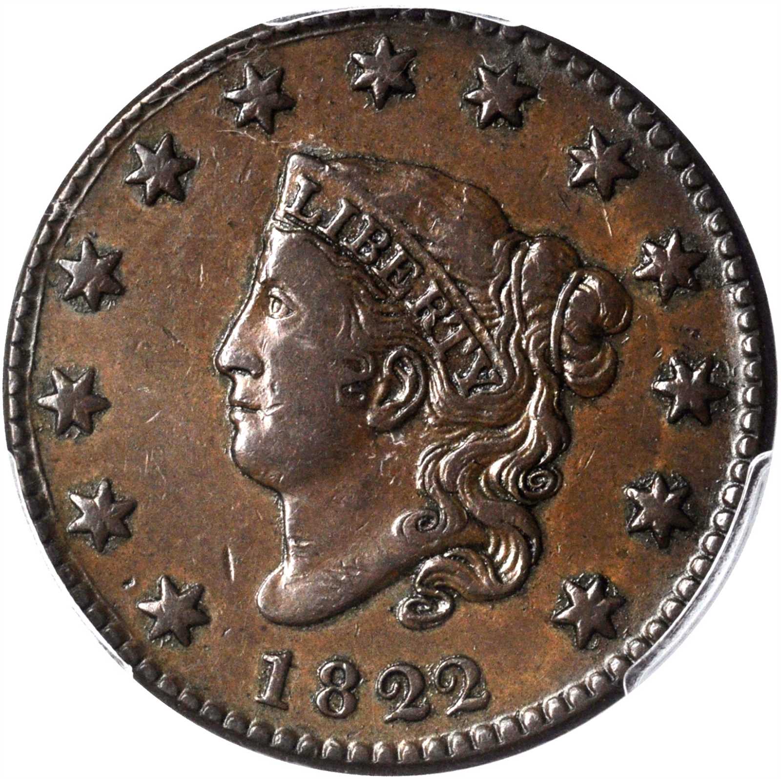 1822 Matron Head Cent. N-3. Rarity-2. EF-40 (PCGS).