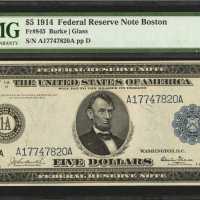 Fr. 845. 1914 $5 Federal Reserve Note. Boston. PMG Gem Uncirculated 65 EPQ.
