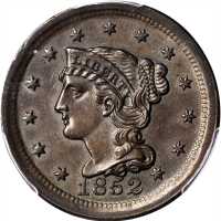 1852 Braided Hair Cent. N-7. Rarity-1. Repunched Date. MS-63 BN (PCGS).