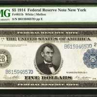 Fr. 851b. 1914 $5 Federal Reserve Note. New York. PMG Gem Uncirculated 65 EPQ.