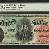 Fr. 64. 1869 $5 Legal Tender Note. PMG Choice Uncirculated 64 EPQ.