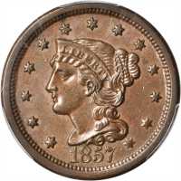 1857 Braided Hair Cent. N-1. Rarity-1. Large Date, Misplaced Date. AU-58 (PCGS).