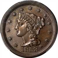 1853 Braided Hair Cent. N-20. Rarity-3. Repunched Date. MS-63 BN (PCGS).