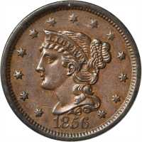 1856 Braided Hair Cent. N-2. Rarity-1. Slanting 5. AU-55 (ANACS).