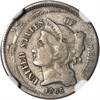 1865 Nickel Three-Cent Piece--Flipover Double Struck--EF Details--Scratches (NGC).