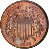 1869 Two-Cent Piece. MS-65 RB (NGC).