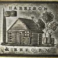 1840 William Henry Harrison Brooch. DeWitt-WHH 1840-78. White metal set in brass. 25.9 x 22.3 mm. Ab