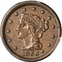 1855 Braided Hair Cent. N-9. Rarity-1. Slanting 5s, Knob on Ear. AU-55 (PCGS).