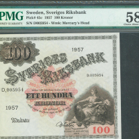 1957年瑞典银行100克朗，编号D005954，PMG58EPQ*