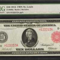 Fr. 899a. 1914 $10 Federal Reserve Note. St. Louis. Red Seal. PMG About Uncirculated 55.
