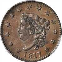 1817 Matron Head Cent. N-6. Rarity-1. 13 Stars. AU-53 (PCGS).