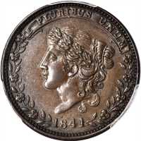1841 Liberty - Not One Cent. HT-58, Low-69. Rarity-1. Copper. 28 mm. AU-58 (PCGS).
